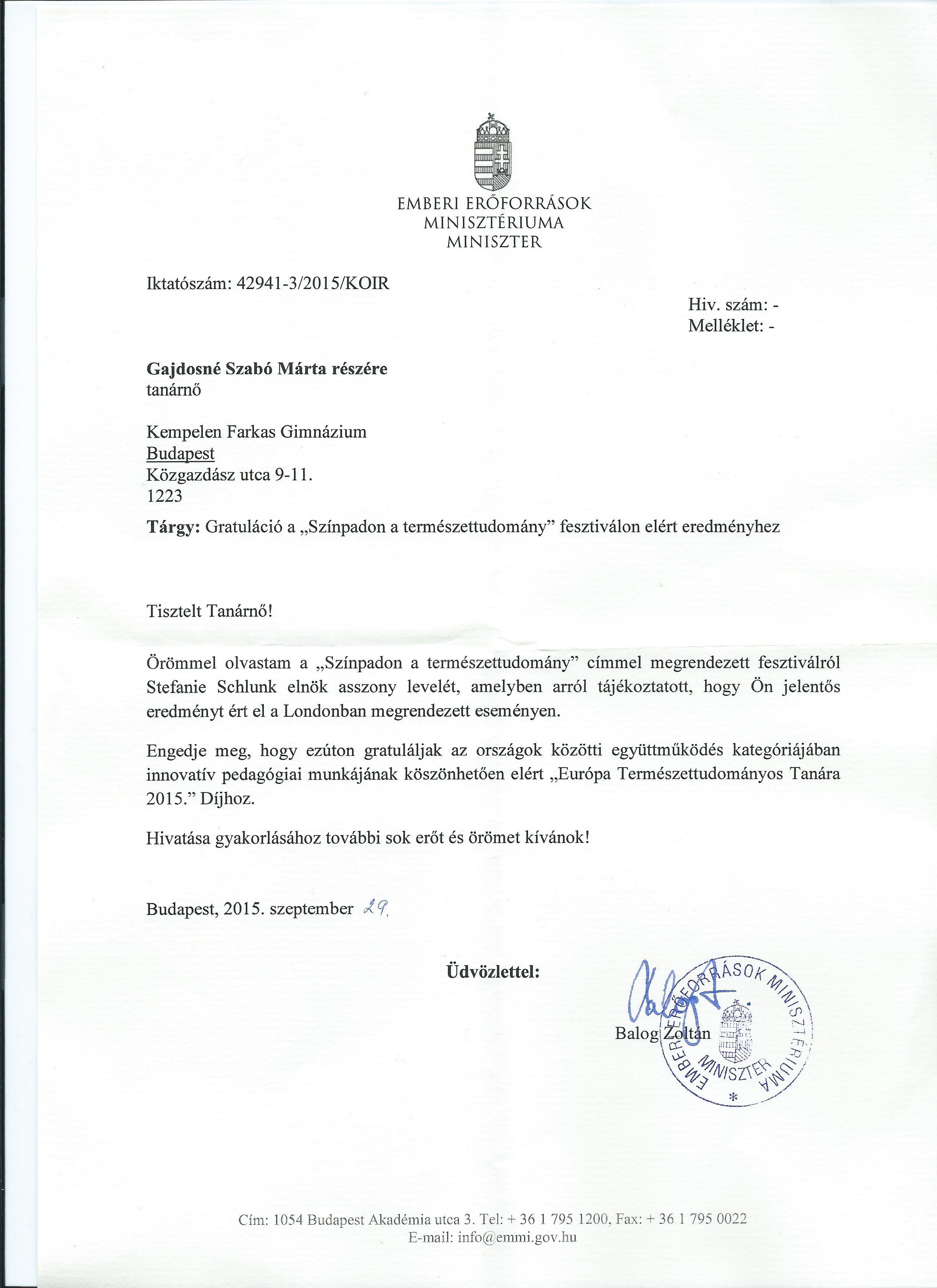 Balog Zoltán gratuláló levele Gajdosné Szabó Mártának